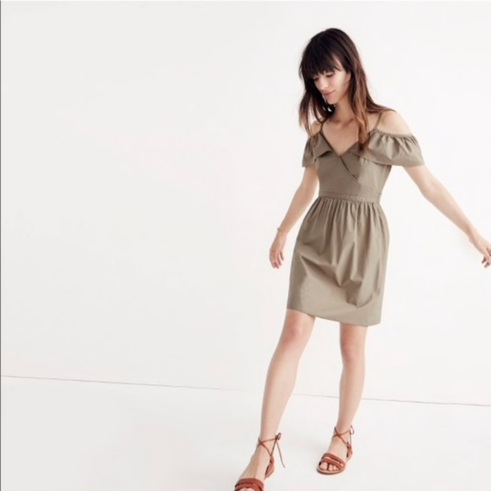 NWOT! Madewell Khaki Cold Shoulder Ruffle Dress 